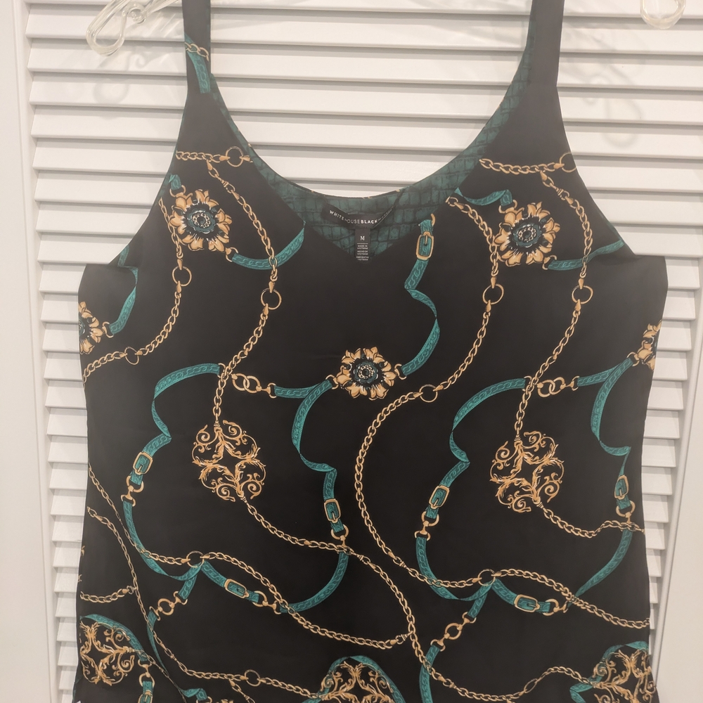 White House Black Market Green and Gold Chain Print Blouse